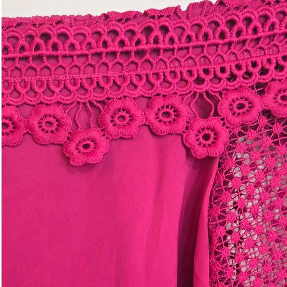 Roaman’s Women’s 14W Magenta Off Shoulder Lace Sleeve Top Plus Size Boho Chic - Picture 5 of 9